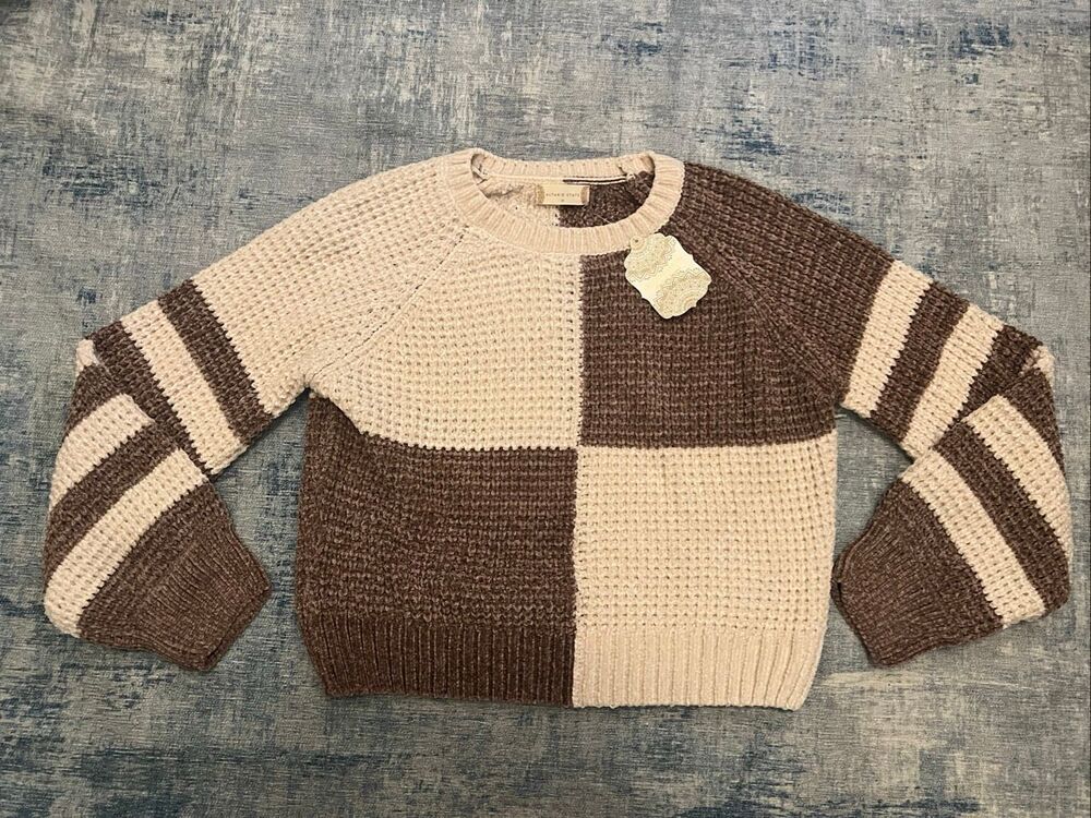 NWT!  Altar'd State Cream & Brown Waffle Colorblock Crewneck Sweater Medium